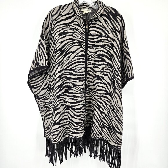 Christian Siriano Poncho Women L XL Zebra Fringe Sweater Knit Pullover Zip Front - Picture 1 of 12